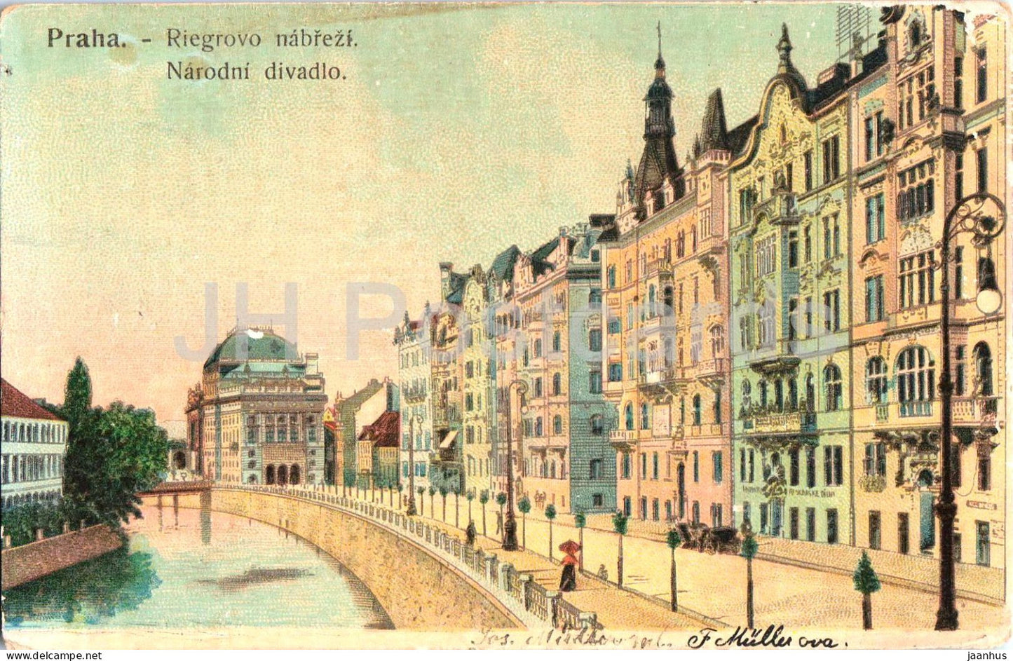 Praha - Prague - Riegrovo nabrezi - Narodni divadlo - National Theatre - old postcard - Czech Republic - used - JH Postcards