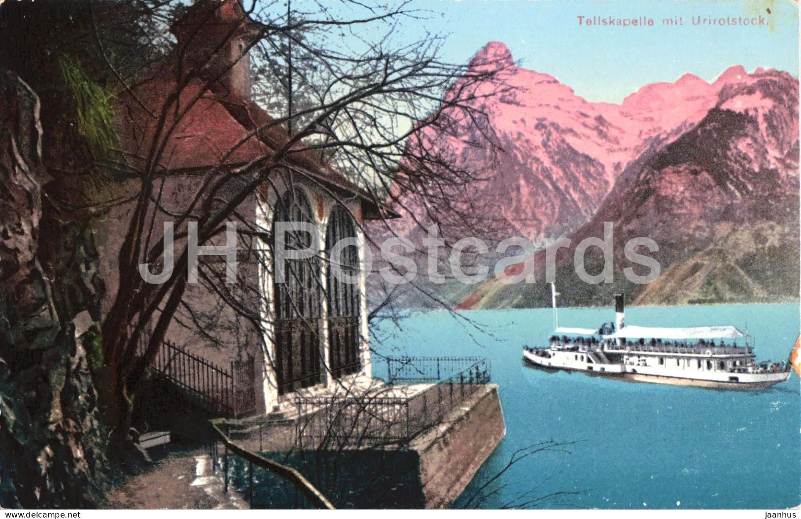 Tellskapelle mit Urirotstock - ship - boat - lake - mountains - old postcard - 1911 - Switzerland - used - JH Postcards
