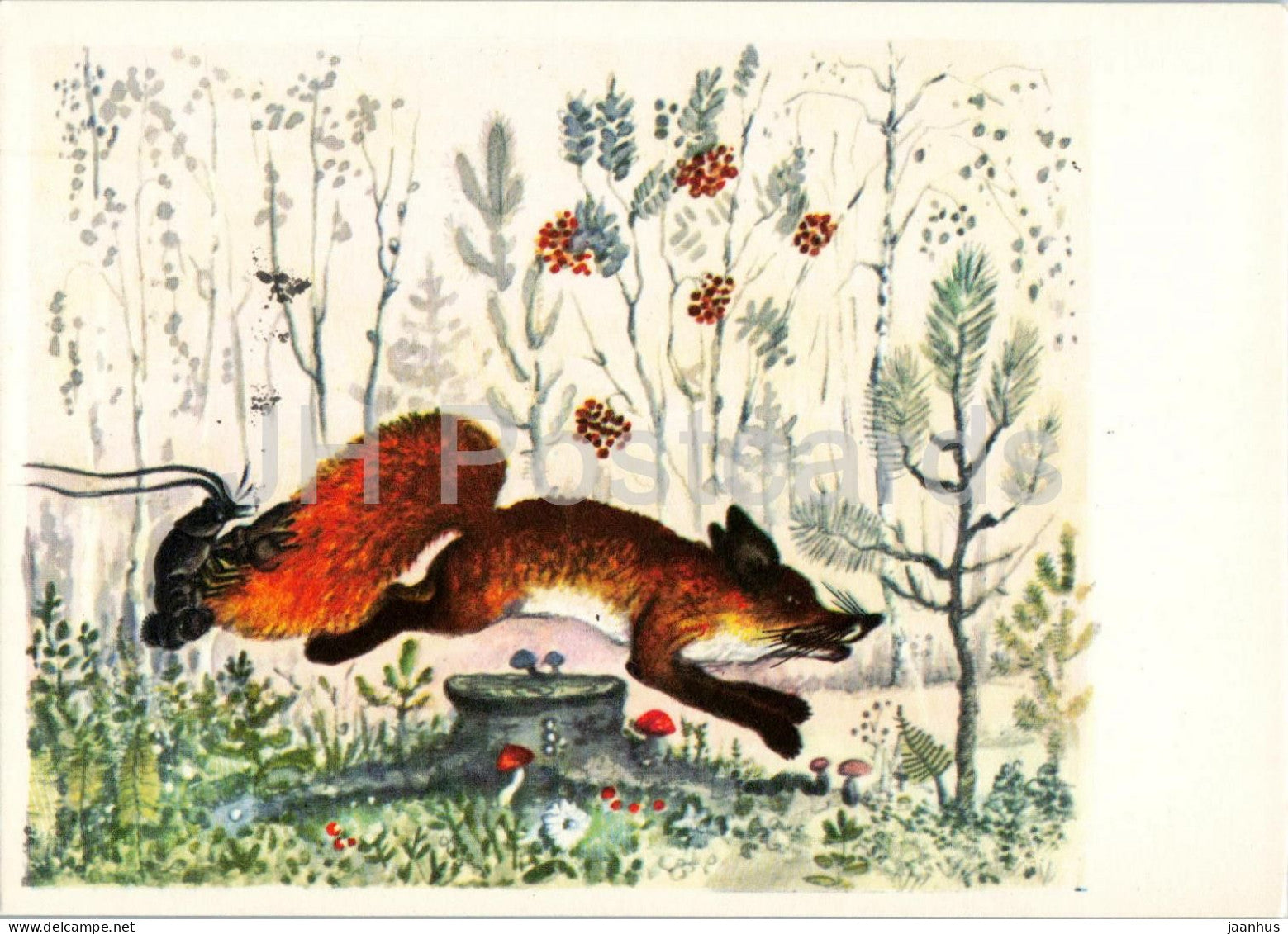 Fox and crayfish - Russian Fairy Tales - illustration by Vasnetsov - 1969 - Russia USSR - unused - JH Postcards