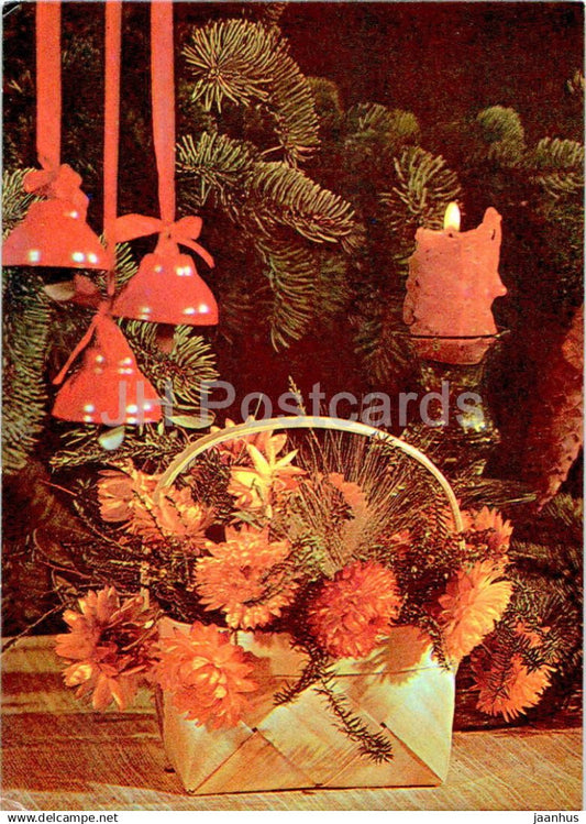 New Year greeting card - 5 - bells - candle - flowers - 1982 - Estonia USSR - used - JH Postcards