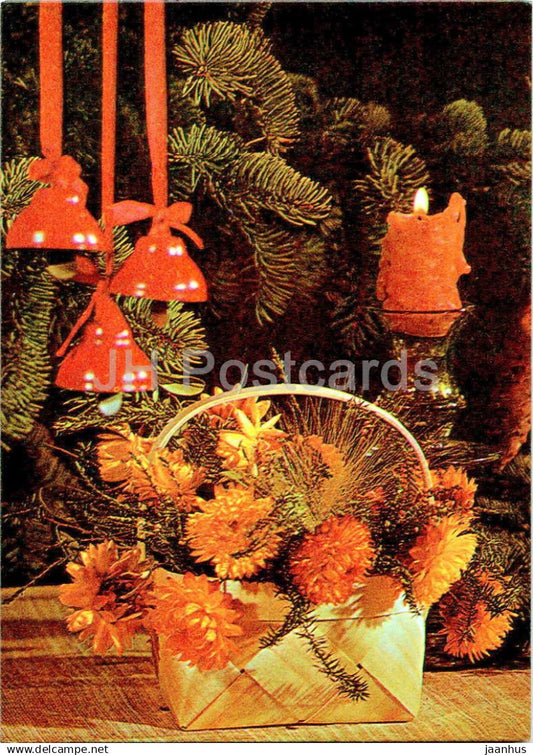 New Year greeting card - 4 - bells - candle - flowers - 1982 - Estonia USSR - used - JH Postcards