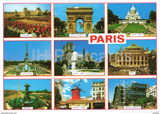 Souvenir de Paris - Louvre Arc de Triomphe Sacre-Coeur Eiffel Tower - multiview - France - used - JH Postcards