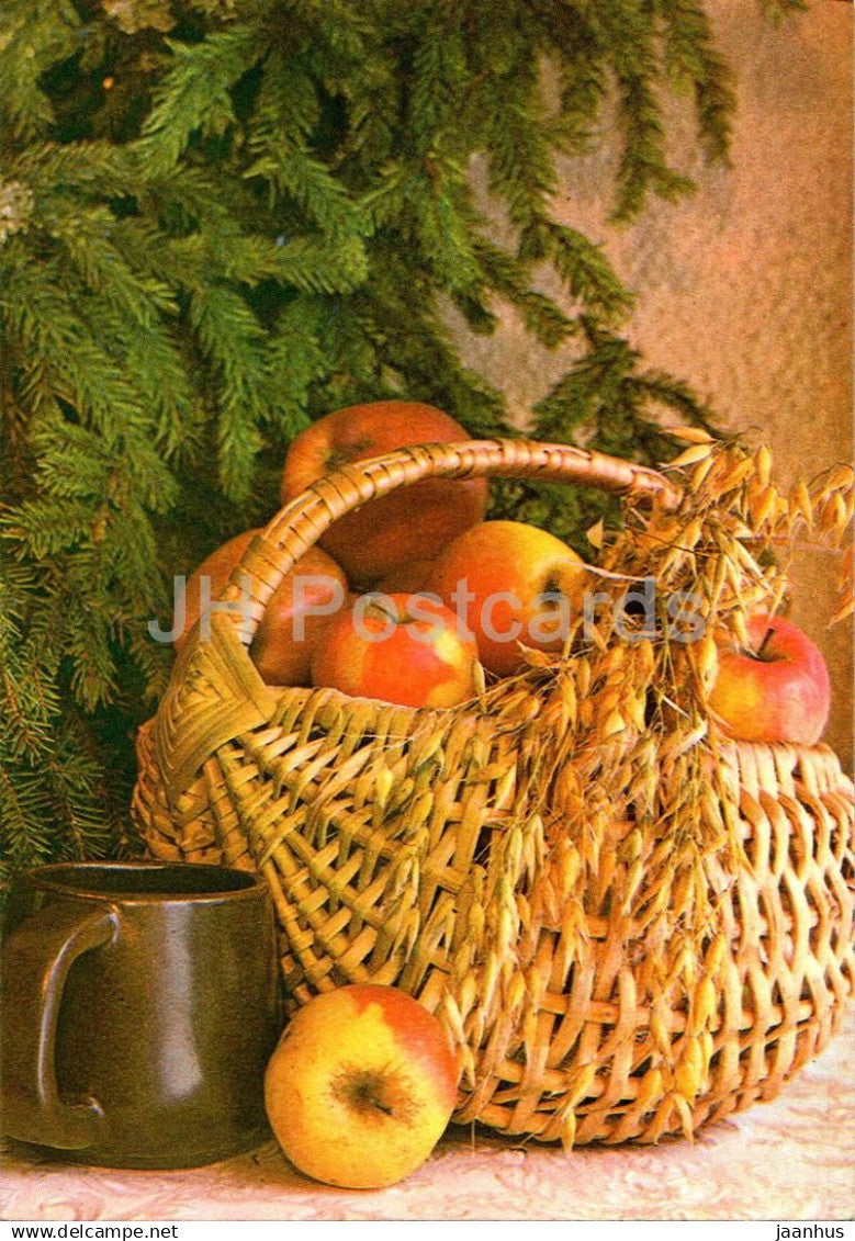 New Year Greeting card - 4 - apples - basket - cup - 1983 - Estonia USSR - used - JH Postcards