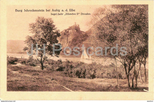 Burg Schreckenstein bei Aussig a. d. Elbe - Segeljacht Elbmove II - boat - old postcard - Czech Republic - Unused - JH Postcards