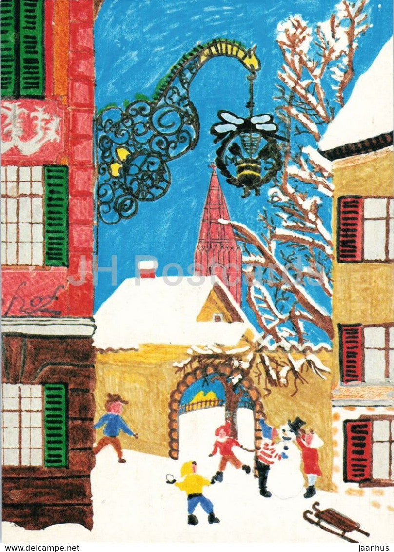 childrens drawing - winter street scene with snowman - SOS-Kinderdorfer - 1988 - Germany - unused - JH Postcards