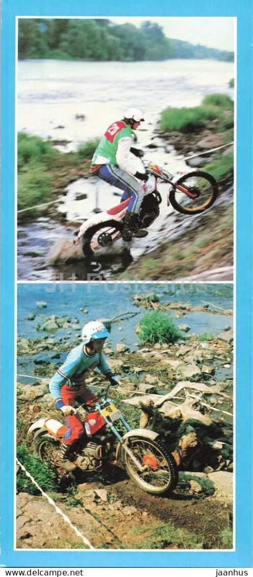Trial - Motorcycle trial riders crossing river obstacles - motorbike - racing motorsport - Czech Republic - unused - JH Postcards