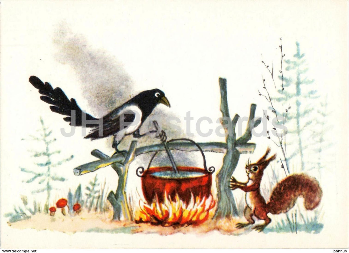 The Magpie - cooking - squirrel - Russian Fairy Tales - illustration by Vasnetsov - 1969 - Russia USSR - unused - JH Postcards