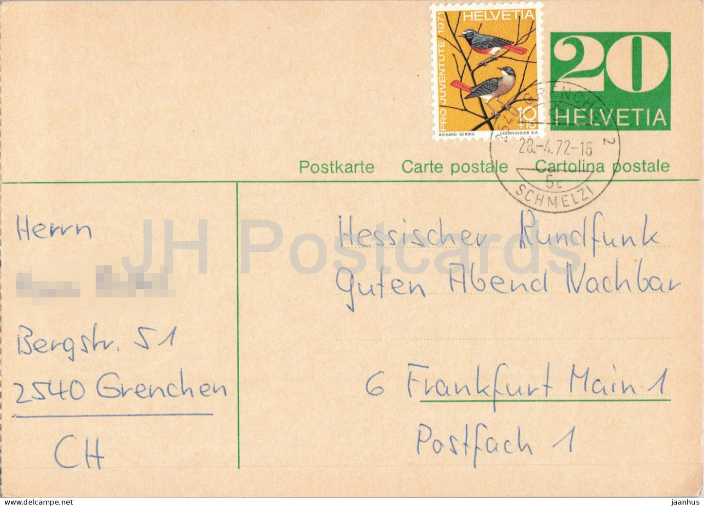 Guten Abend Nachbarn - Hessischer Rundfunk - postal stationery - 21 - 1972 - Switzerland - used - JH Postcards
