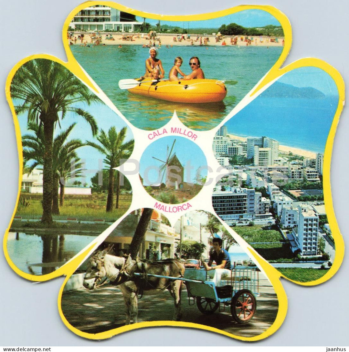 Cala Millor - Mallorca - beach - kayak - windmill - donkey cart - multiview - 13 - 2002 - Spain - used - JH Postcards