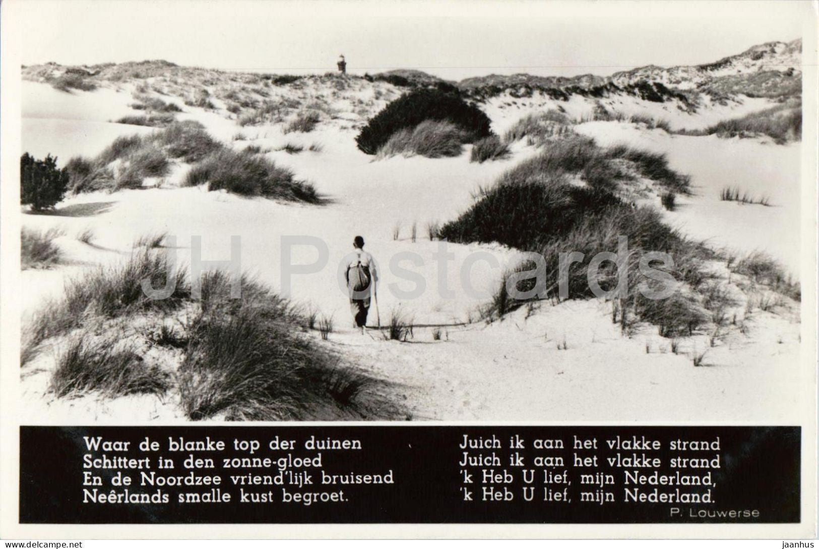 Waar de blanke top der duinen - Where the white top of dunes - dunes - poem - old postcard 1950s - Netherlands - unused - JH Postcards