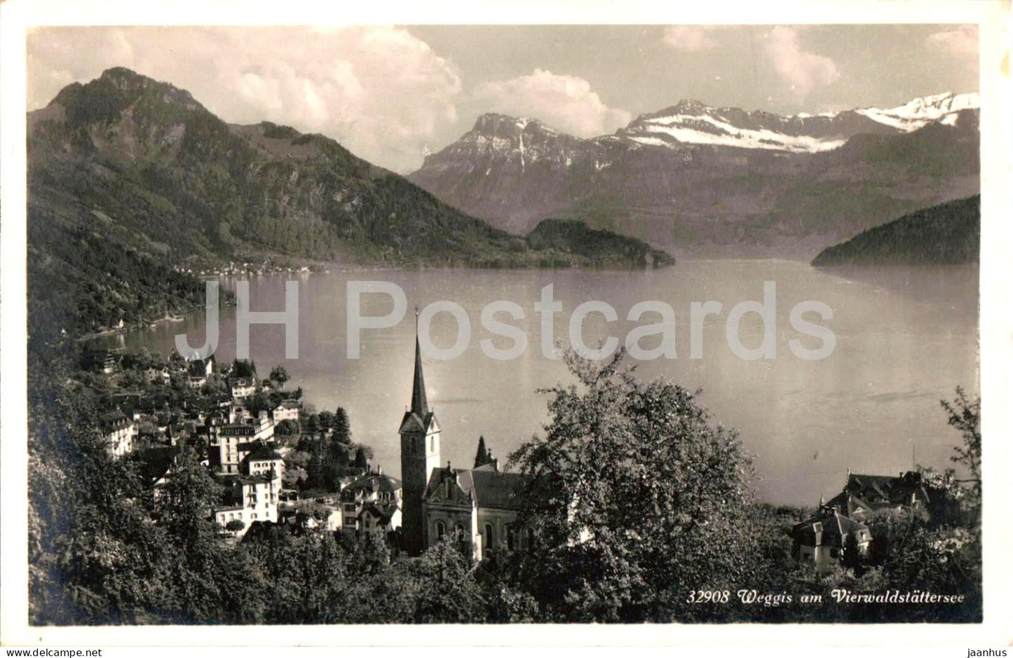 Weggis am Vierwaldstattersee - church - mountains - 32908 - old postcard - 1928 - Switzerland - used - JH Postcards