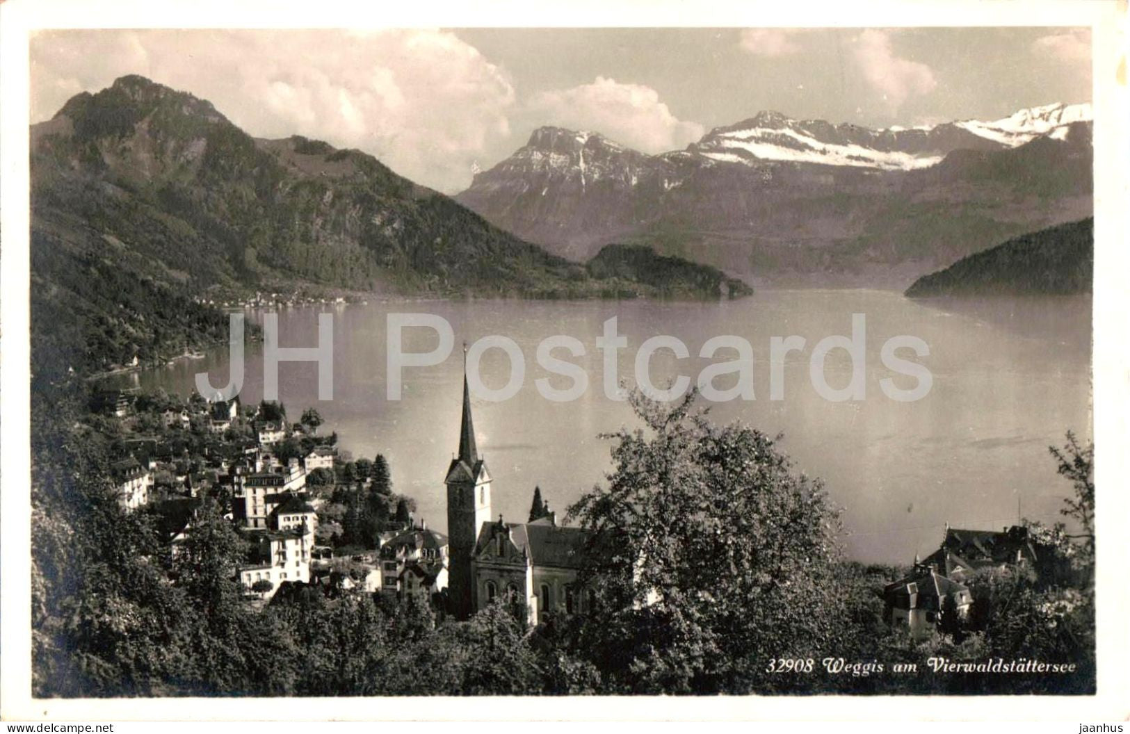 Weggis am Vierwaldstattersee - church - mountains - 32908 - old postcard - 1928 - Switzerland - used - JH Postcards
