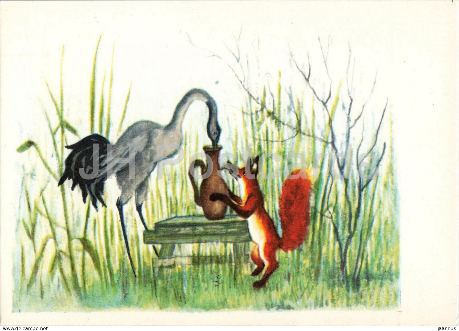 Fox and crane - Russian Fairy Tales - illustration by Vasnetsov - 1969 - Russia USSR - unused - JH Postcards