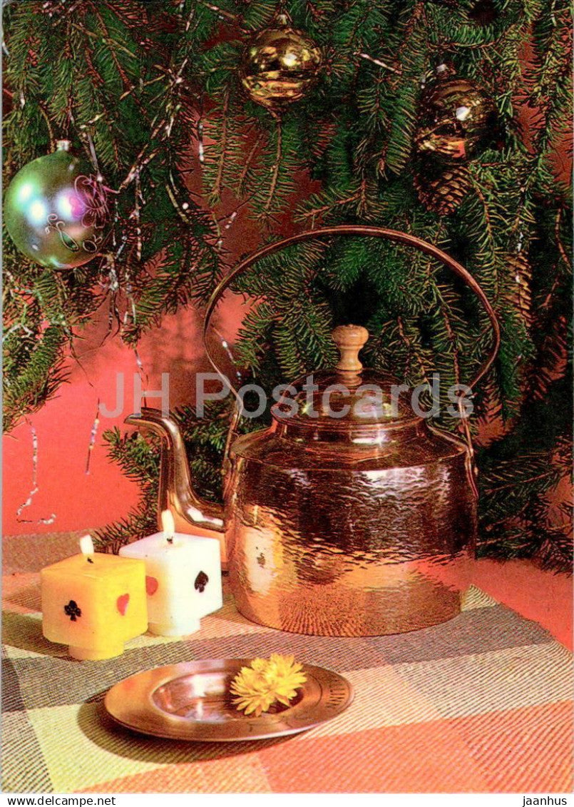 New Year Greeting card - 4 - candles - teapot - 1983 - Estonia USSR - used - JH Postcards