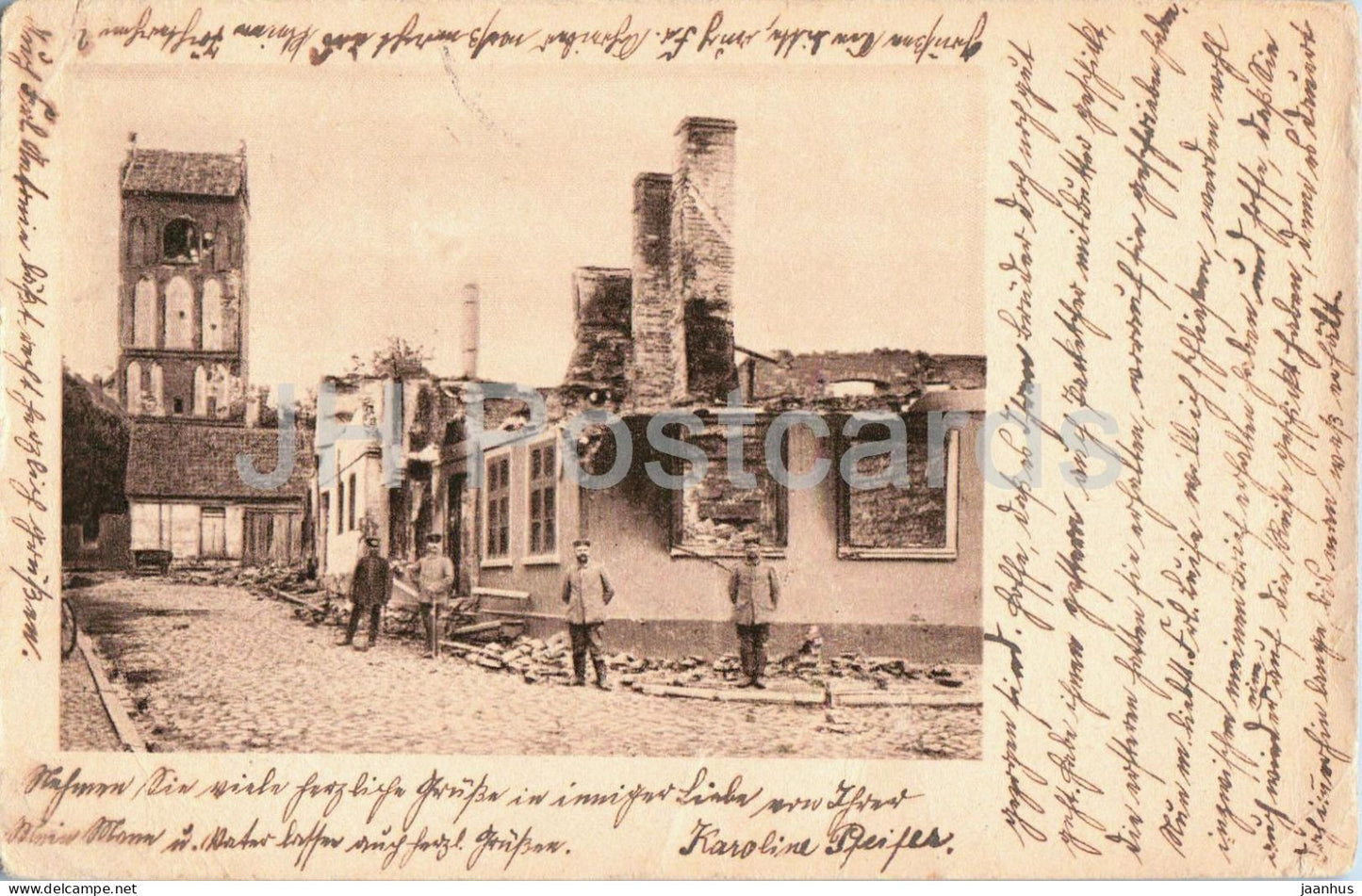 Kirche in Gerdauen - Zheleznodorozhny - ruines - WWI - East Prussia - sent to US - old postcard - 1915 - Russia - used - JH Postcards