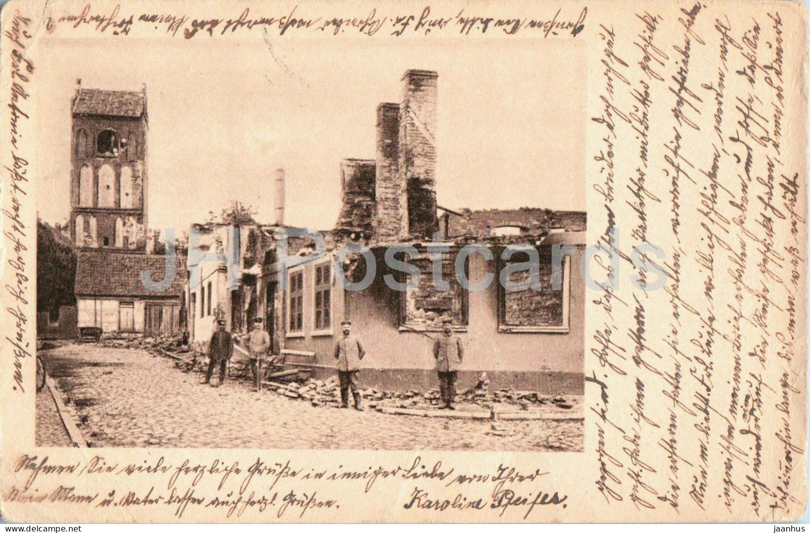 Kirche in Gerdauen - Zheleznodorozhny - ruines - WWI - East Prussia - sent to US - old postcard - 1915 - Russia - used - JH Postcards