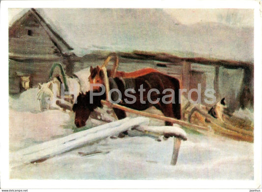 painting by Alexei Stepanov - At the Feeding Trough - horse - dog - Russian art - 1960 - Russia USSR - unused - JH Postcards