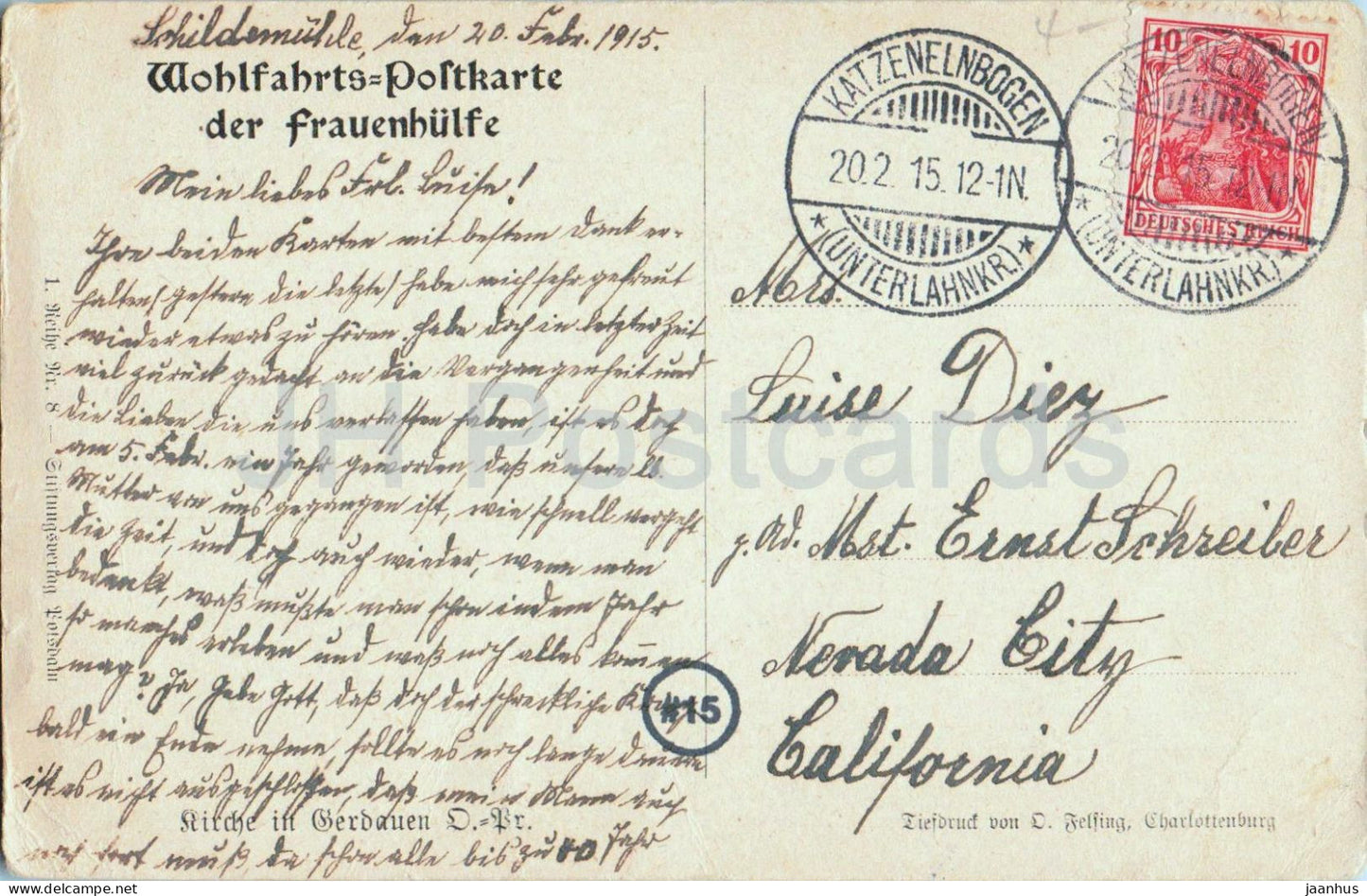 Kirche in Gerdauen - Zheleznodorozhny - ruines - WWI - East Prussia - sent to US - old postcard - 1915 - Russia - used