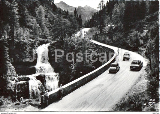 Radstadter Tauern Strasse mit Gnadenfall - mountain road waterfall - car - Alps - 3541 - old postcard - Austria - unused - JH Postcards
