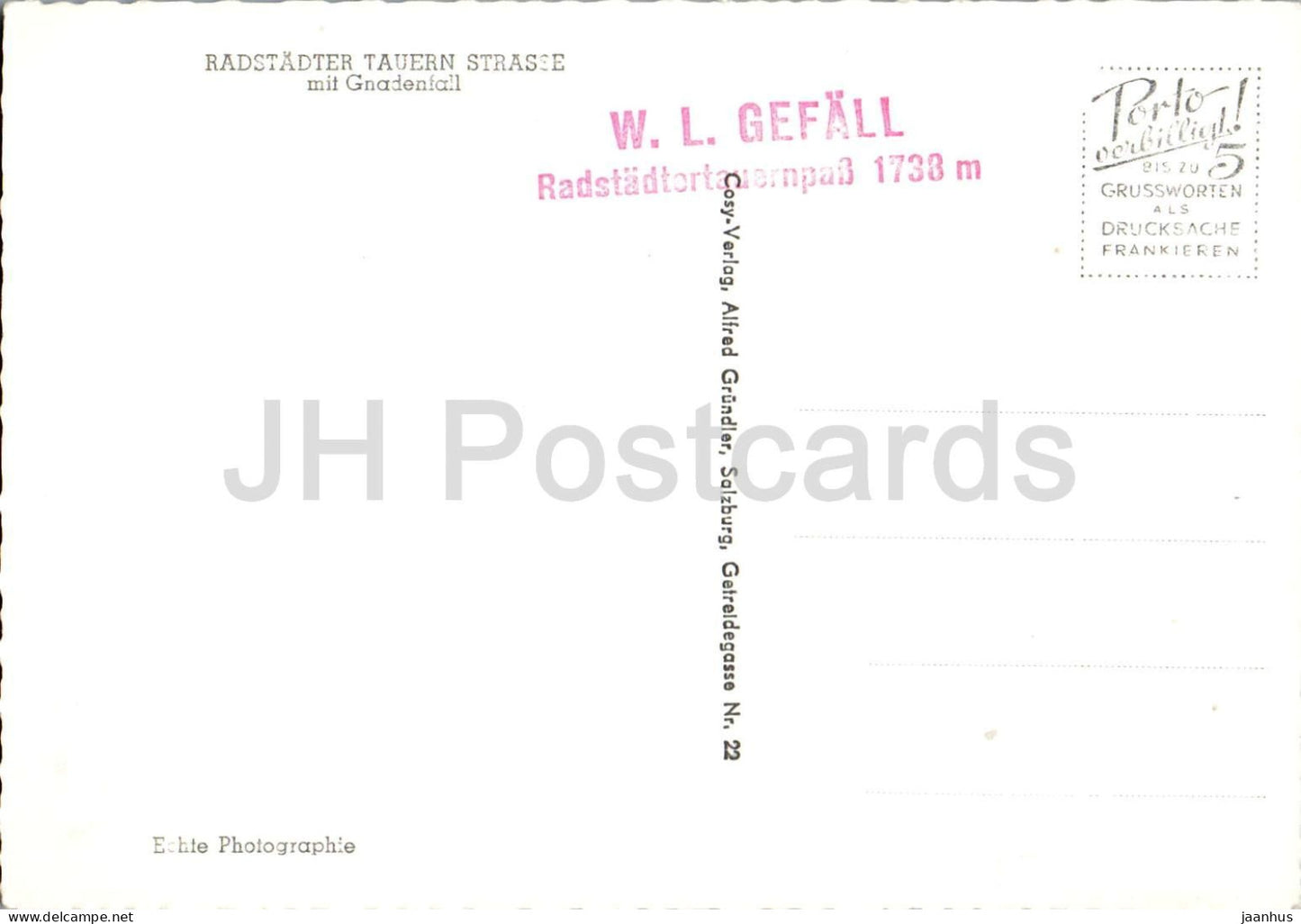 Radstadter Tauern Strasse mit Gnadenfall - cascade de la route de montagne - voiture - Alpes - 3541 - vieille carte postale - Autriche - non utilisée