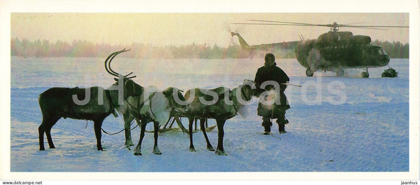 Khanty-Mansi region - mail delivered to reindeer herders - helicopter - airplane - 1980 - Russia - USSR - unused - JH Postcards