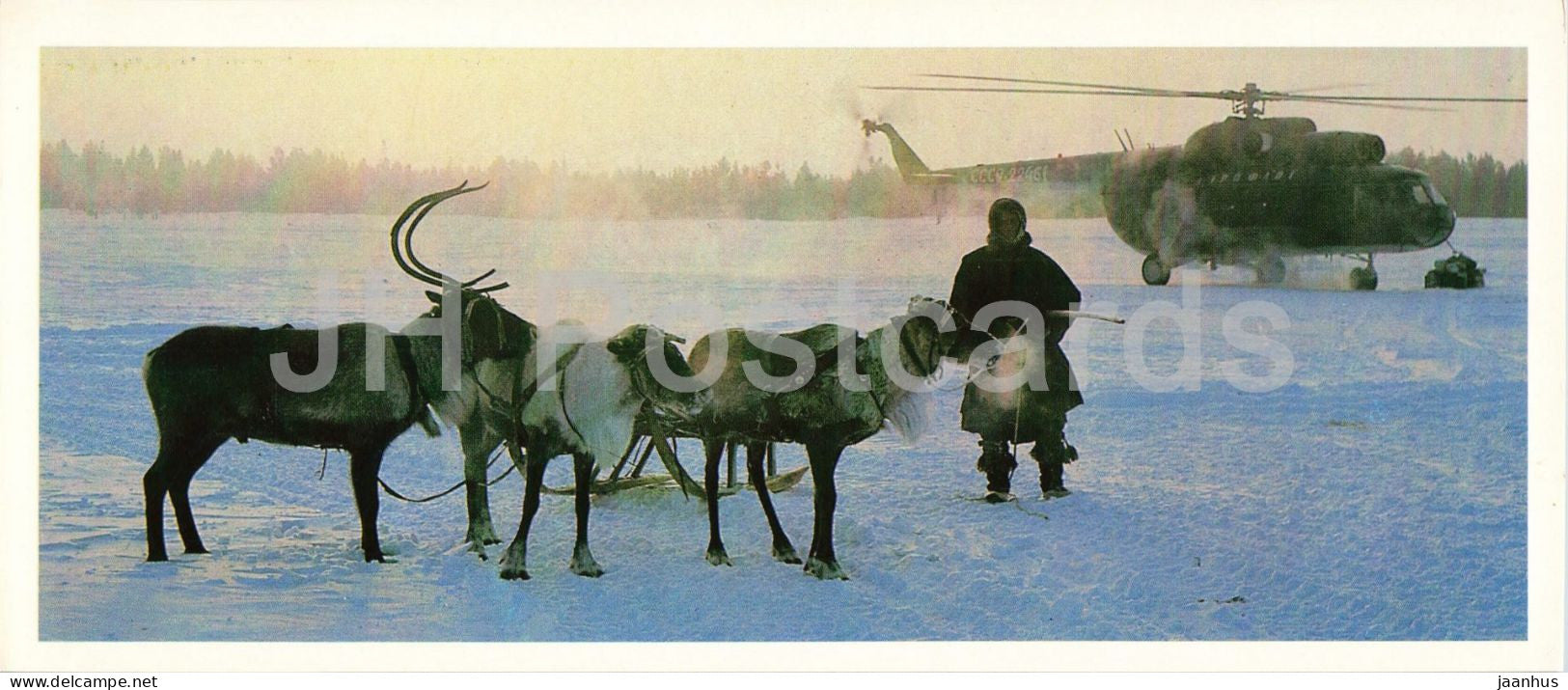 Khanty-Mansi region - mail delivered to reindeer herders - helicopter - airplane - 1980 - Russia - USSR - unused - JH Postcards