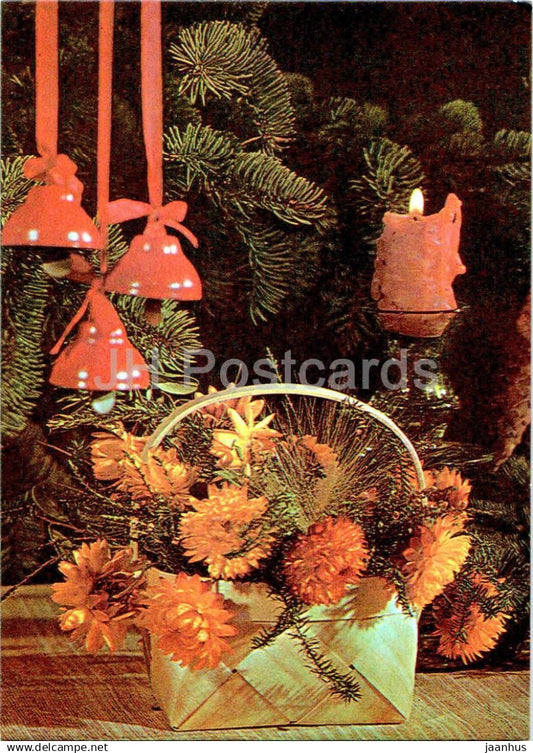 New Year greeting card - 3 - bells - candle - flowers - 1982 - Estonia USSR - used - JH Postcards