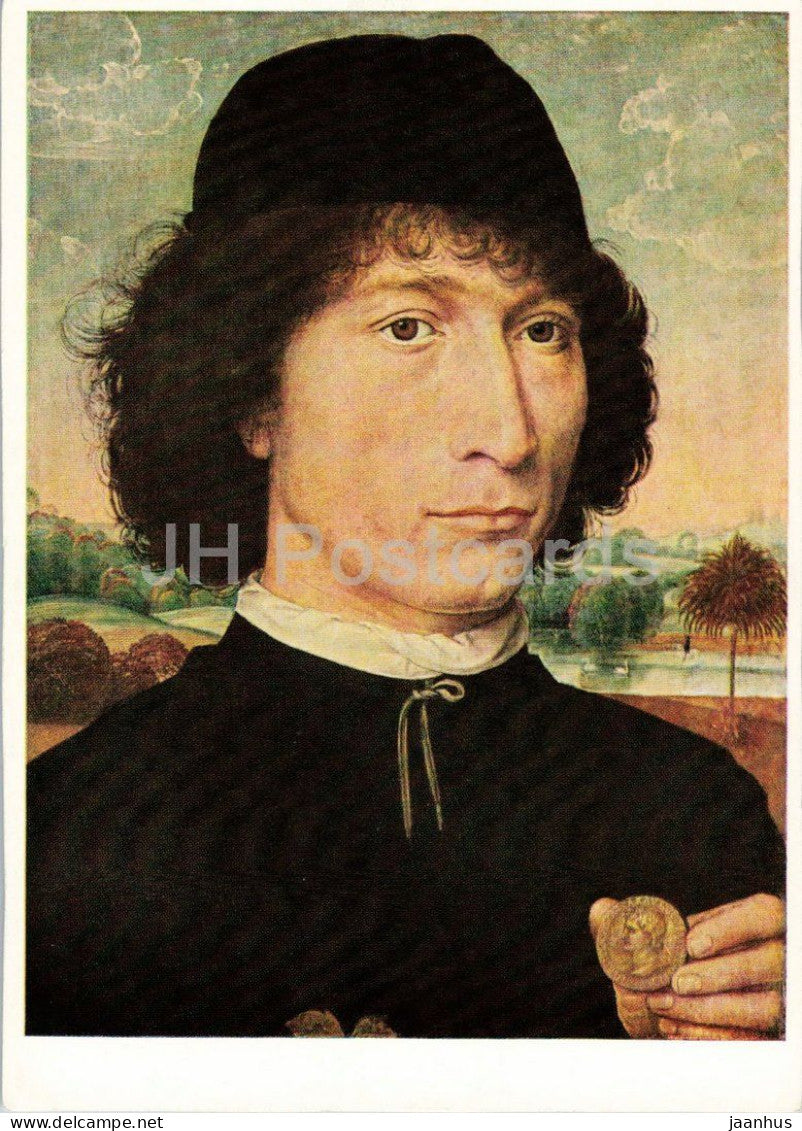 painting by Hans Memling - Portrait of a Man with a Roman Coin - Niccolo Spinelli - German art - Germany DDR - unused - JH Postcards