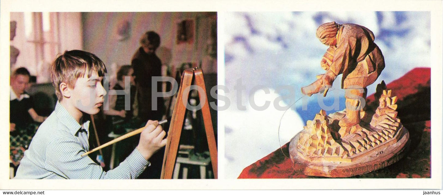 Surgut - childrens school and Fisherman wooden sculpture - Khanty-Mansi region - 1980 - Russia - USSR - unused - JH Postcards