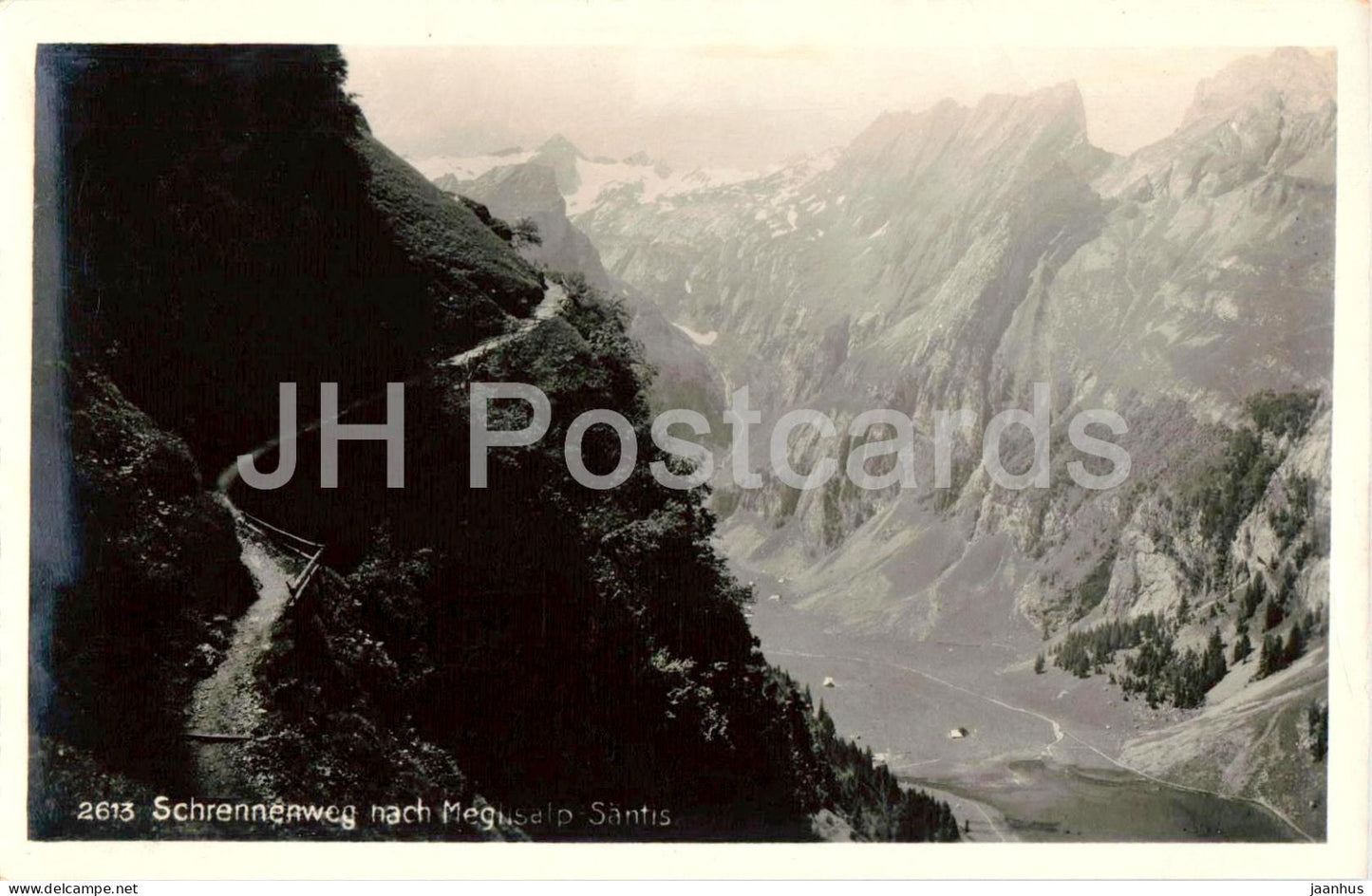 Schrennerweg nach Meglisalp Santis - mountain path - valley - Alps - 2613 - old postcard - 1934 - Switzerland - used - JH Postcards
