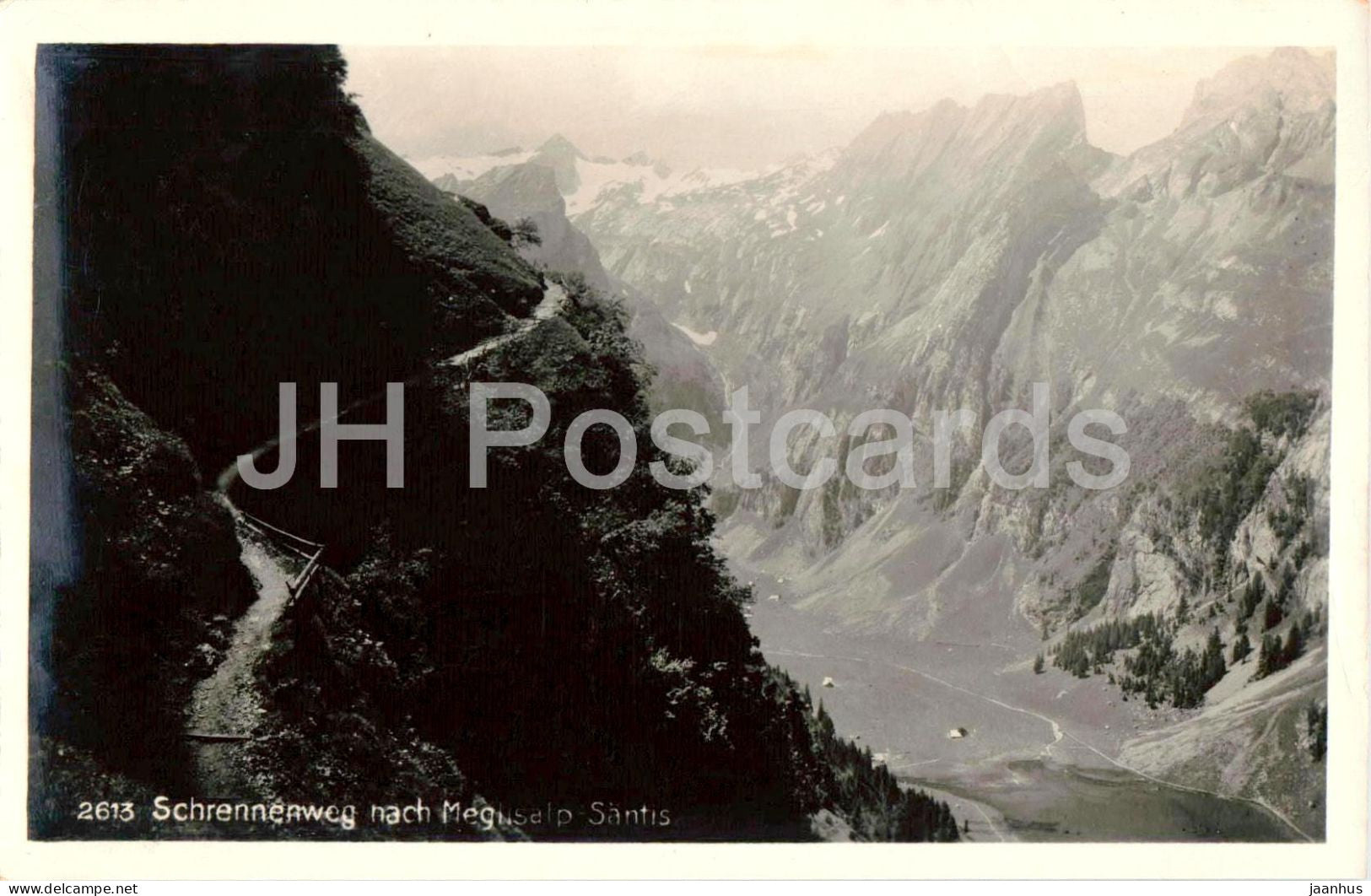 Schrennerweg nach Meglisalp Santis - mountain path - valley - Alps - 2613 - old postcard - 1934 - Switzerland - used - JH Postcards