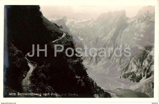 Schrennerweg nach Meglisalp Santis - mountain path - valley - Alps - 2613 - old postcard - 1934 - Switzerland - used - JH Postcards