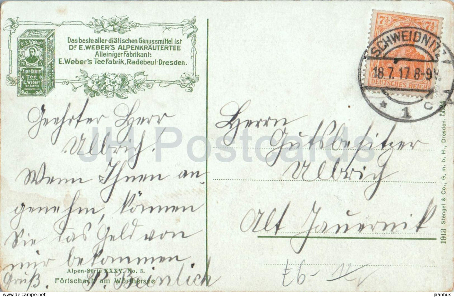 Portschach am Worthersee - Webers Alpenkrautertee - Alpen Serie - 8 - old postcard - 1917 - Austria - used