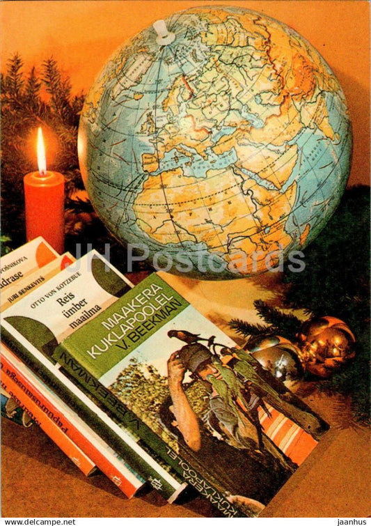 New Year Greeting card - 3 - globe - candle - books - 1984 - Estonia USSR - used - JH Postcards