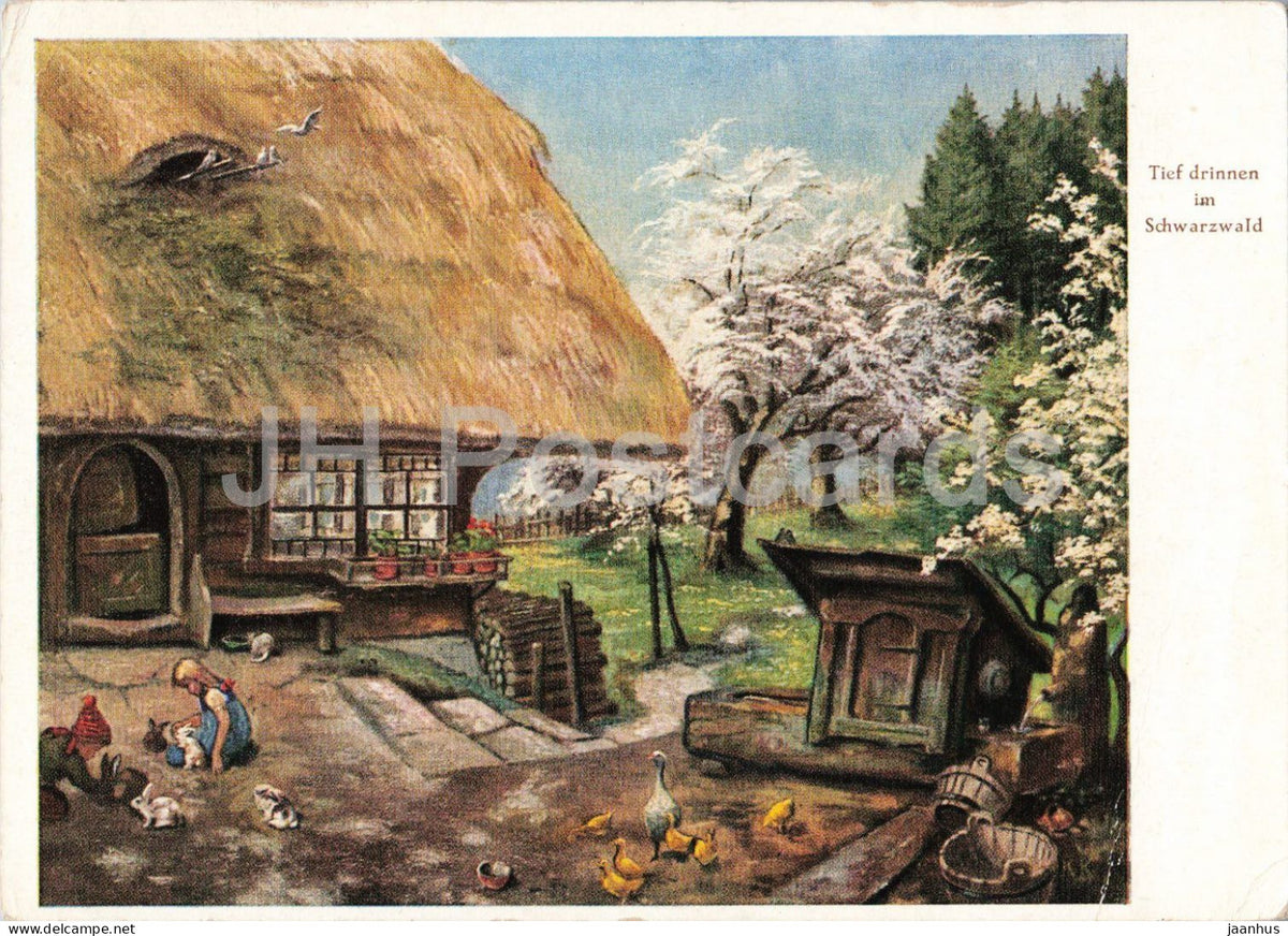 Black Forest farmhouse - Tief drinnen im Schwarzwald - rabbits - birds - old - 1950s - Germany - used - JH Postcards