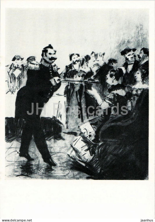 watercolor by Pyotr Sokolov - The Colonel Hands a Plate to a Lady - Dead Souls by Gogol - 1966 - Russia USSR - unused - JH Postcards