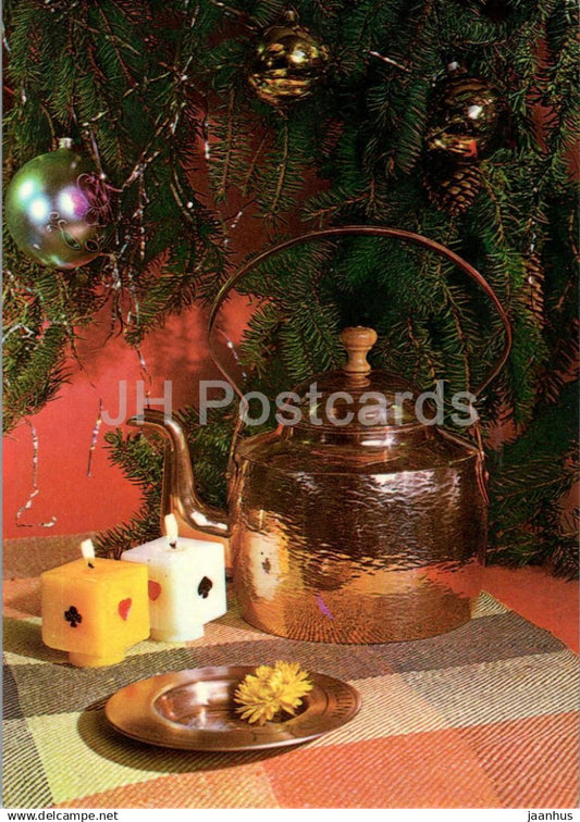 New Year Greeting card - 3 - candles - teapot - 1983 - Estonia USSR - used - JH Postcards