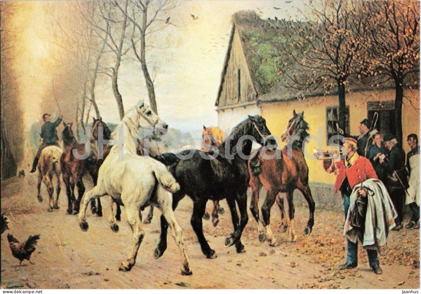 painting by Otto Bache - A Team of Horses outside an Inn - horse - birds - animals - Danish art - Denmark - unused - JH Postcards