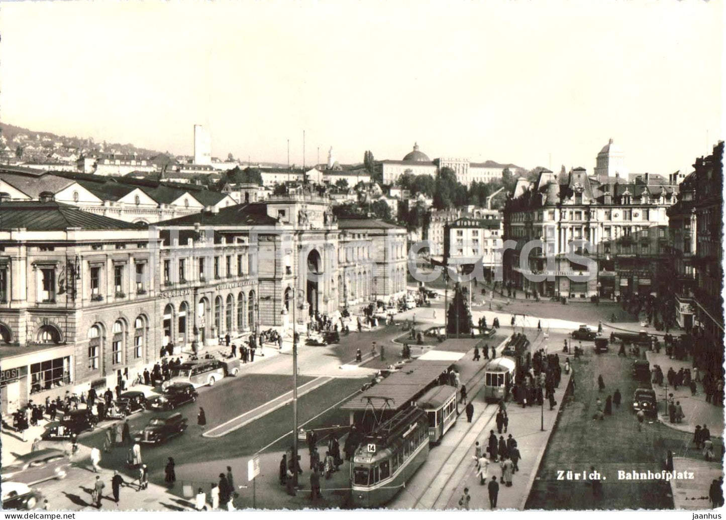 Zurich Bahnhofplatz - Railway Station Square - tram - old car - 1779 - old postcard - 1950s - Switzerland - used - JH Postcards