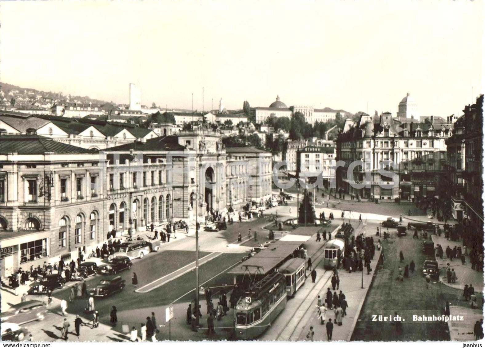 Zurich Bahnhofplatz - Railway Station Square - tram - old car - 1779 - old postcard - 1950s - Switzerland - used - JH Postcards