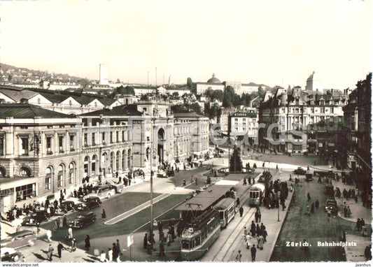 Zurich Bahnhofplatz - Railway Station Square - tram - old car - 1779 - old postcard - 1950s - Switzerland - used - JH Postcards