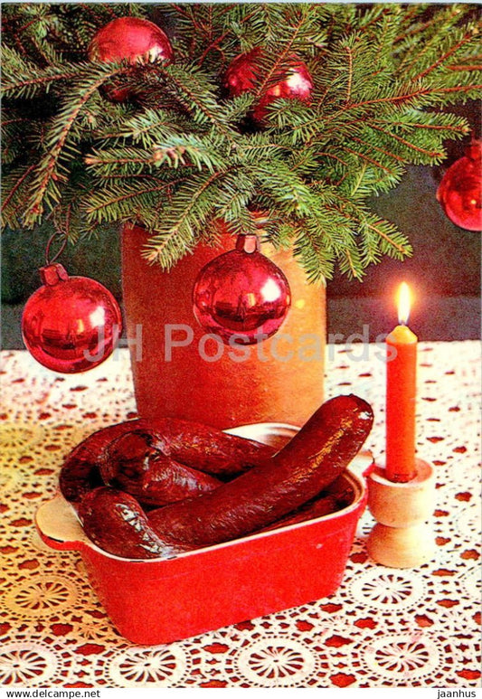 New Year Greeting card - 3 - candle - decorations - blood pudding - 1982 - Estonia USSR - used - JH Postcards
