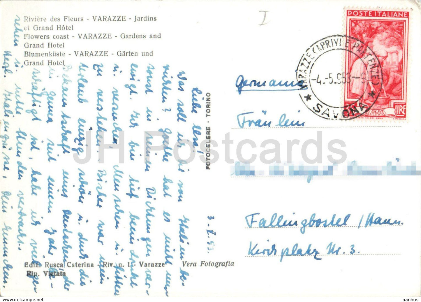 Riviera dei Fiori - Varazze - Giardini e Grand Hotel - Gardens and Grand Hotel - old postcard - 1953 - Italy - used