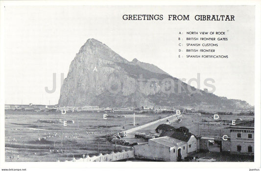 Greetings From Gibraltar - North View of Rock - British Frontier Gates - old postcard - Gibraltar - unused - JH Postcards