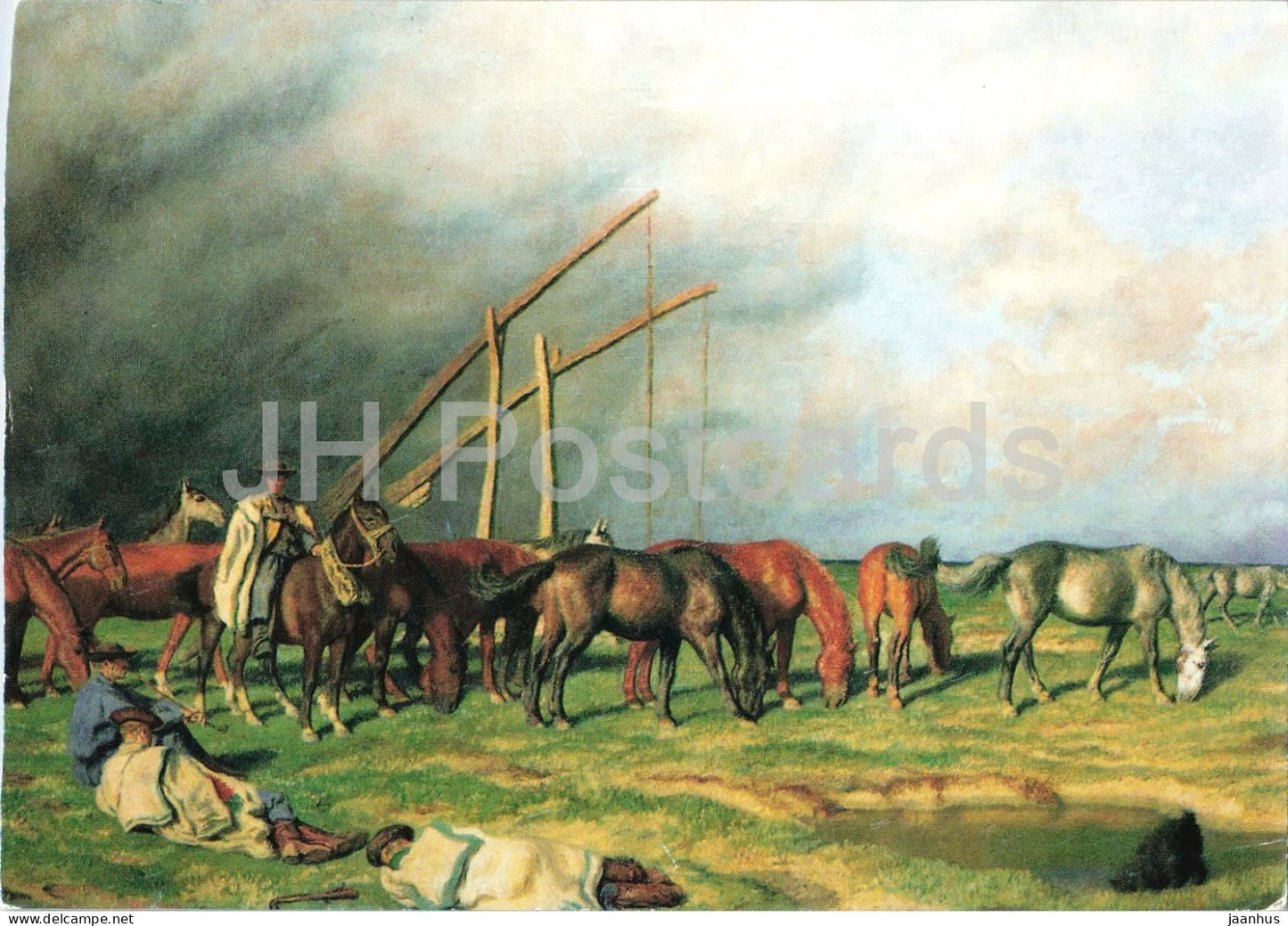 painting by Oszkar Glatz - Herd of Horses - horse - folk costumes - Hungarian art - 1992 - Hungary - used - JH Postcards
