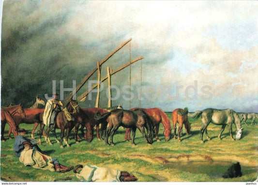 painting by Oszkar Glatz - Herd of Horses - horse - folk costumes - Hungarian art - 1992 - Hungary - used - JH Postcards