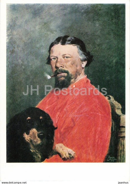 painting by Pyotr Sokolov - Portrait of the Writer Sergei Atava - dog - Russian art - 1966 - Russia USSR - unused - JH Postcards