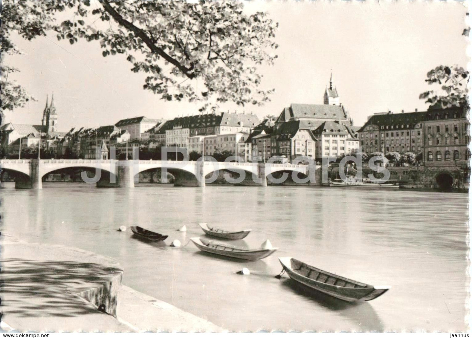 Basel - Basle - Mittlere Rheinbrucke - river - bridge - boat - 636 - old postcard - Switzerland - unused - JH Postcards