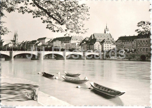 Basel - Basle - Mittlere Rheinbrucke - river - bridge - boat - 636 - old postcard - Switzerland - unused - JH Postcards
