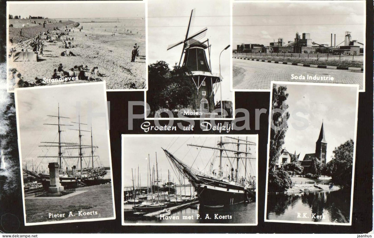 Groeten uit Delfzijl - Greetings - beach - windmill - ships - soda industry - multiview old postcard Netherlands - used - JH Postcards